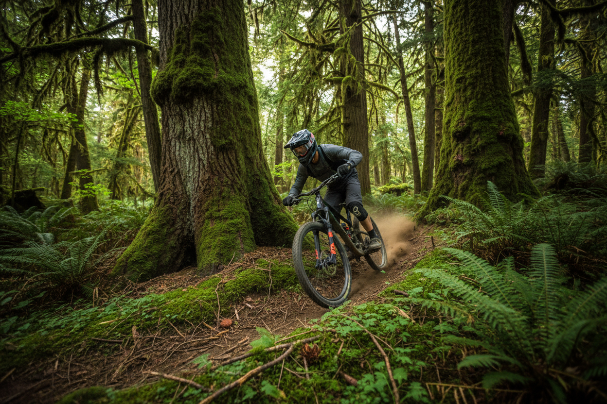 pro mountain biker winding through an old growth forest at speed
